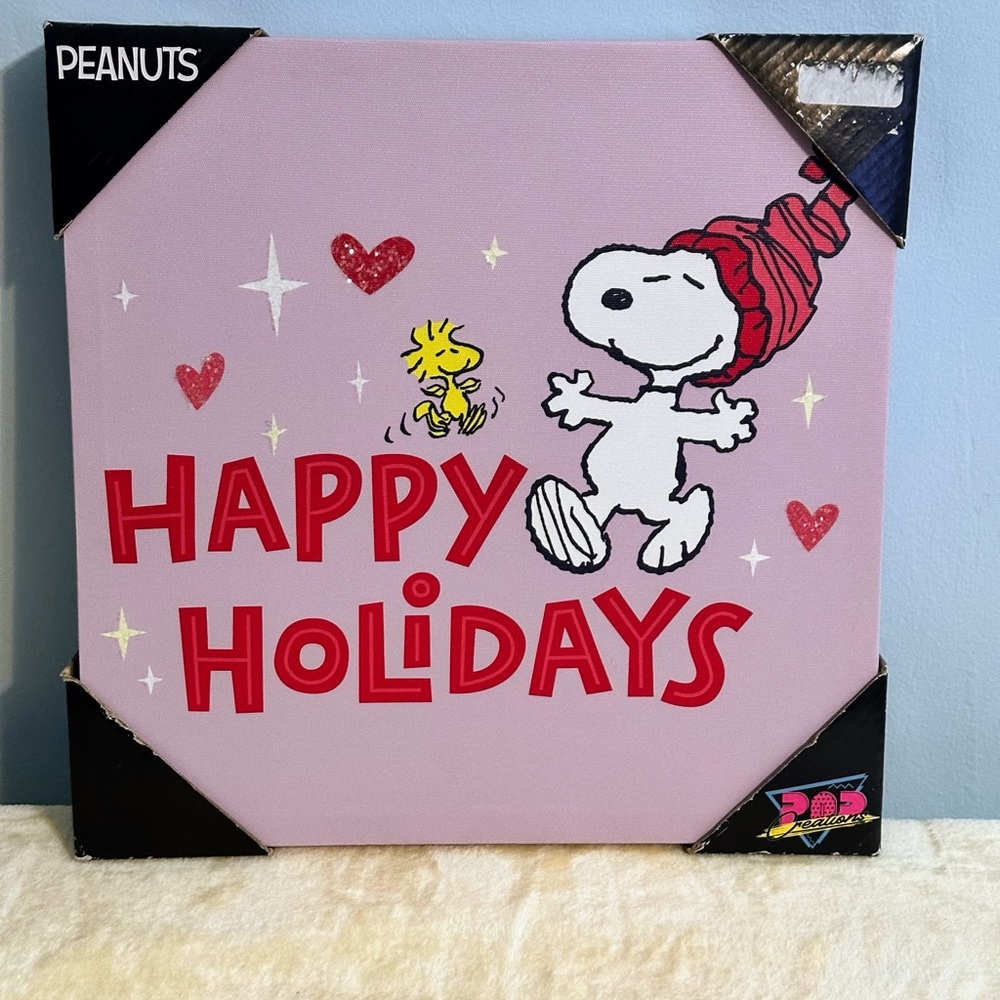 New Peanuts Themed “HAPPY HOLIDAYS” Canvas Wall Art Featuring Snoopy & Woodstock